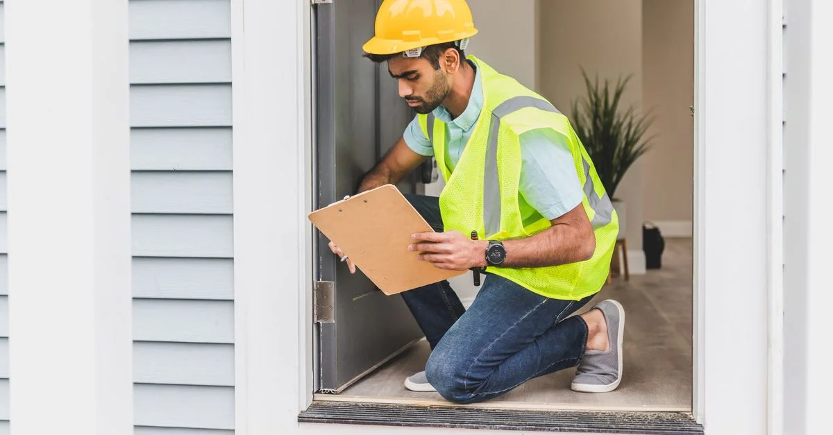 Un inspecteur de maison portant des équipements de sécurité examine l'intérieur d'une maison pour la conformité en matière de sécurité.