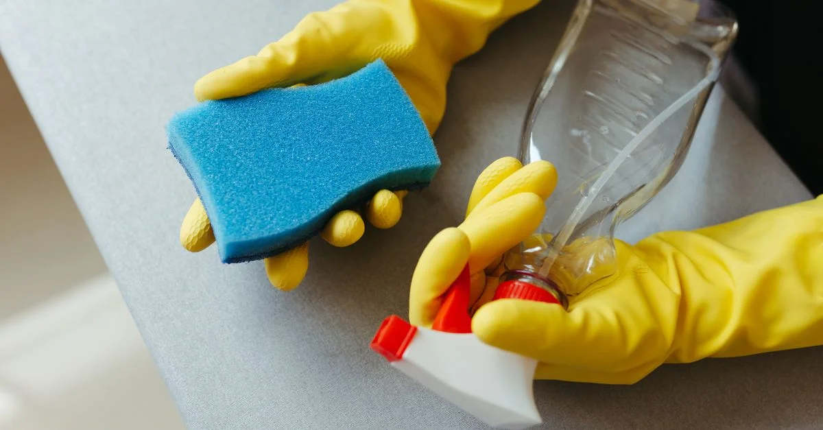Gros plan de mains gantées tenant une éponge et un spray de nettoyage.