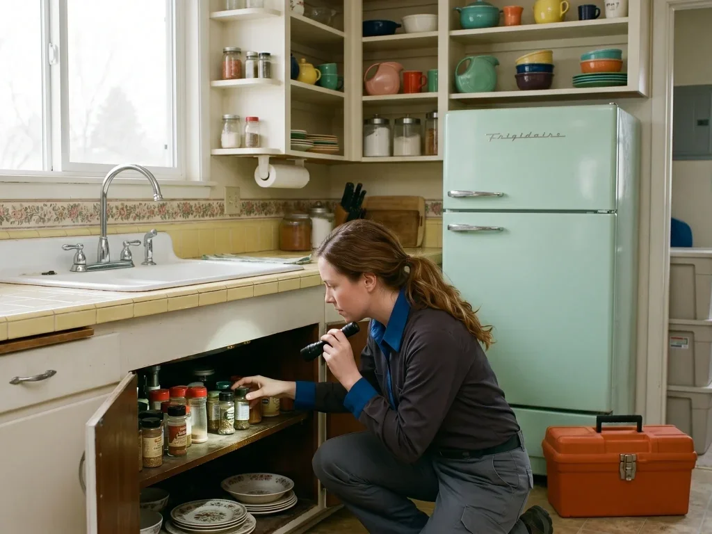 Technicienne inspectant minutieusement une cuisine marseillaise pour garantir une intervention efficace contre les rongeurs.