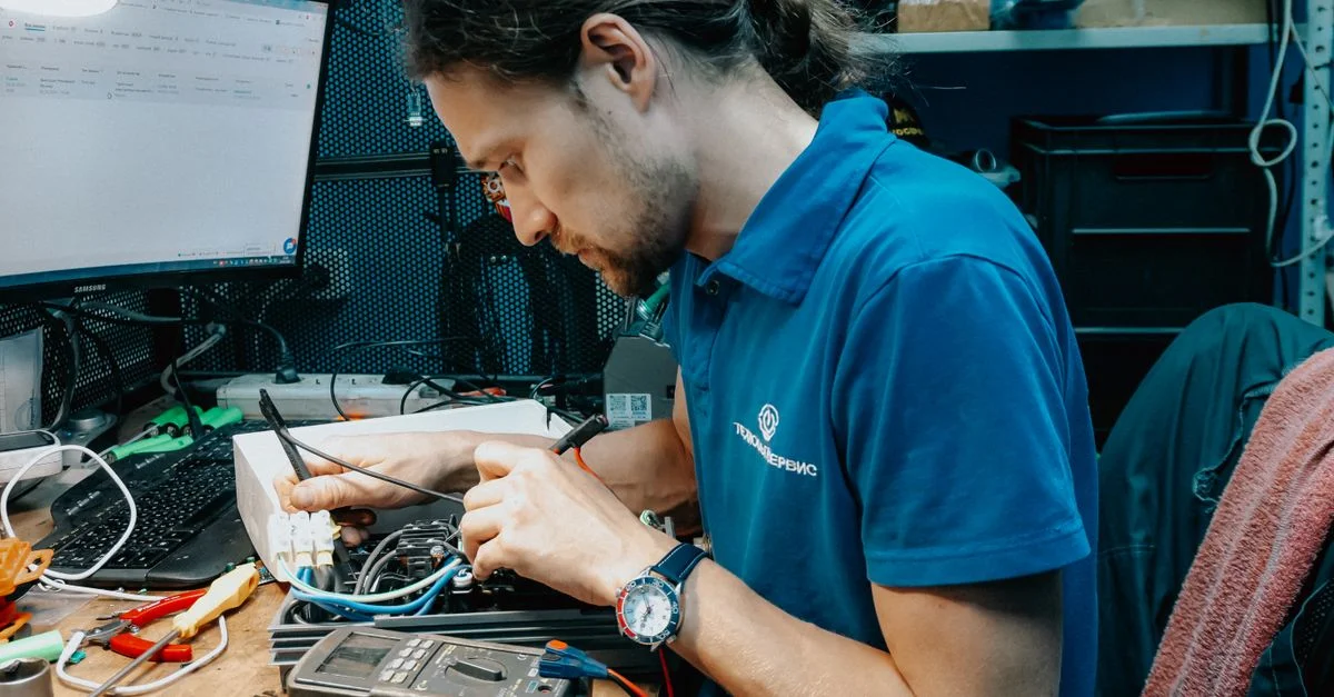 Technicien concentré réparant des électroniques avec des outils dans un cadre d'atelier moderne.