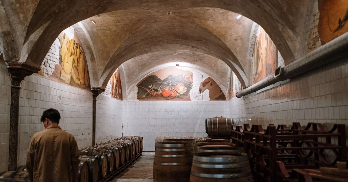 Une cave à vin sereine avec des barils vieillissants sous des plafonds voûtés, ornée d'art.