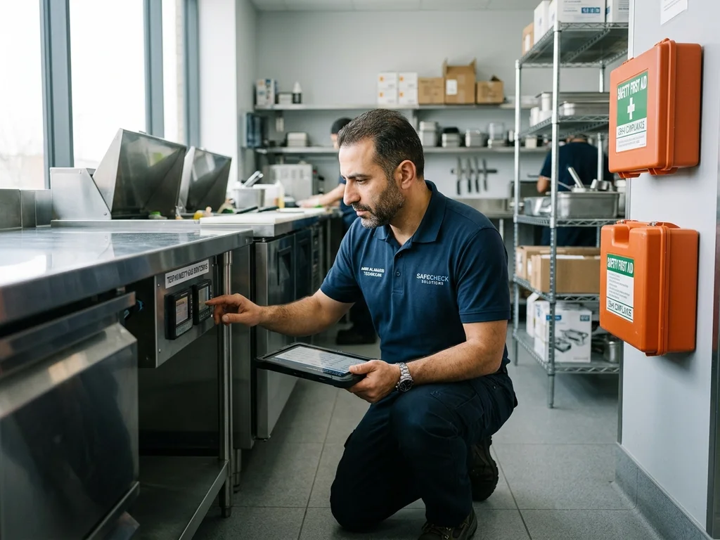 Technicien vérifiant la conformité HACCP pour la lutte contre les nuisibles dans un commerce marseillais.