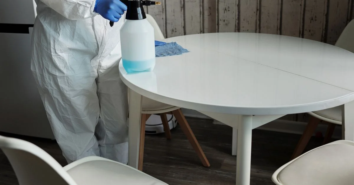 Personne en combinaison de protection désinfectant une table blanche à l'intérieur avec un pulvérisateur.
