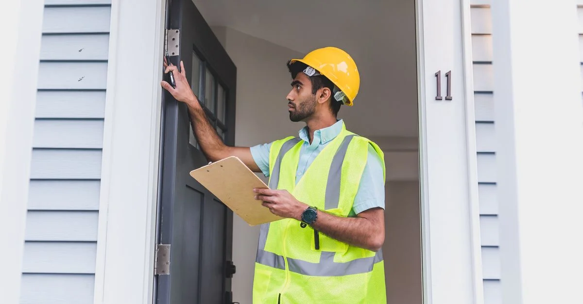 Un inspecteur de maison en gilet de sécurité et casque vérifie l'alignement du cadre de la porte avec une planche à clip à l'extérieur.