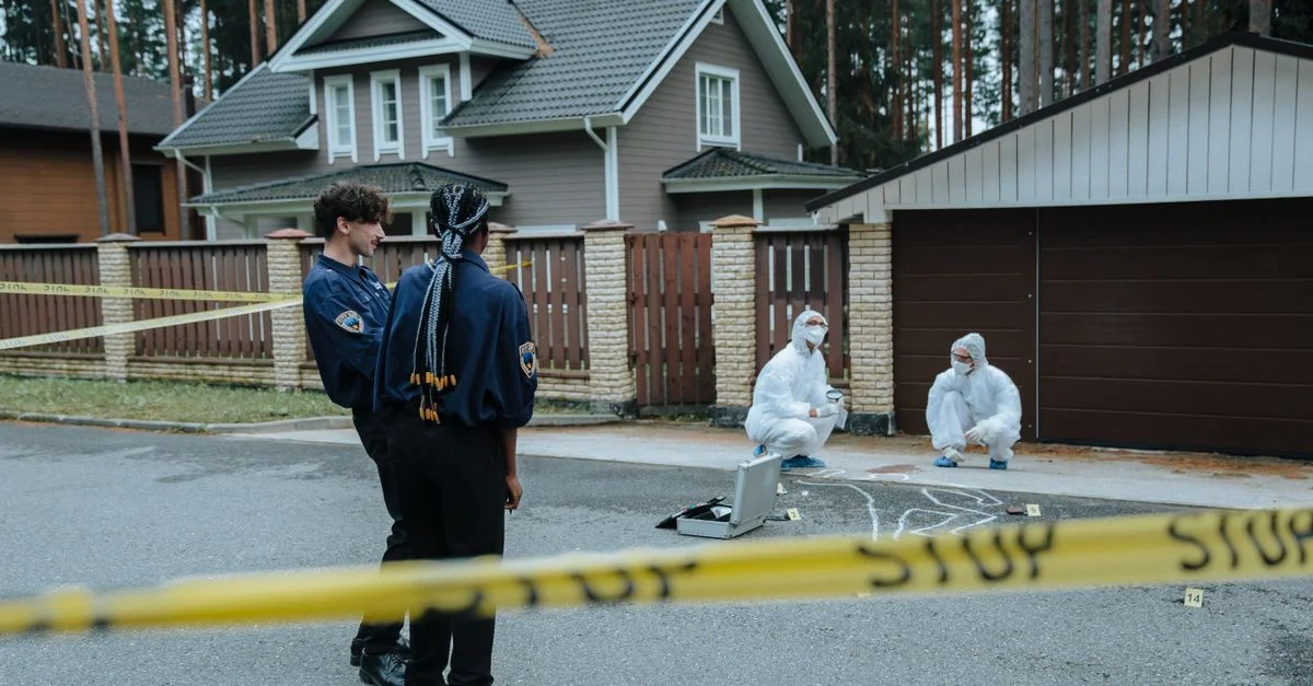 Des policiers et des experts judiciaires examinant une scène de crime devant des maisons suburbanes.
