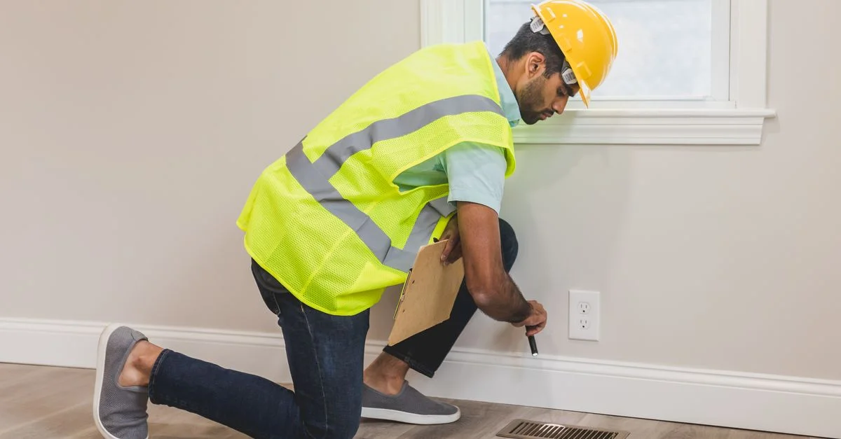 Un ouvrier du bâtiment effectuant une inspection maison à l'intérieur, utilisant des outils près d'une ventilation.
