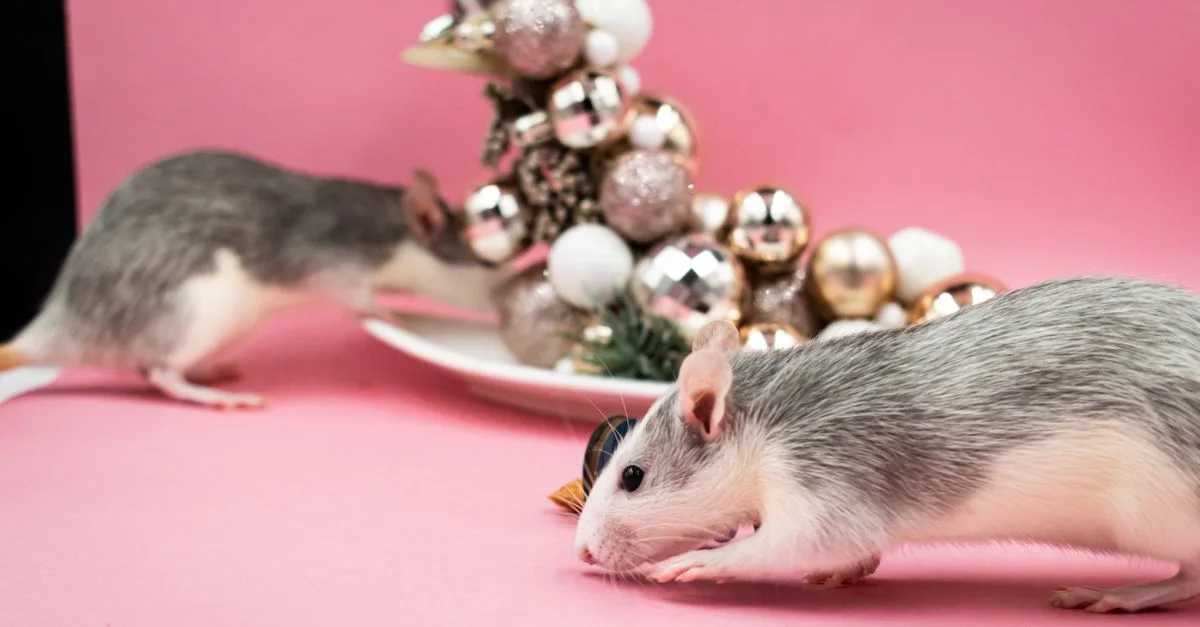 Deux rats explorant des décorations de Noël sur un fond rose, créant une scène festive.