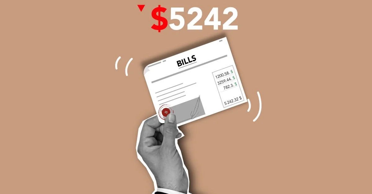 Œuvre d'art minimaliste représentant le concept de paiement des factures avec des éléments financiers sur un fond marron.