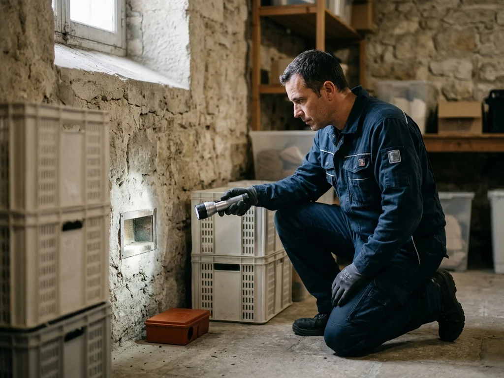 Technicien expert inspectant un bâtiment marseillais lors d'une intervention d'urgence contre les nuisibles.