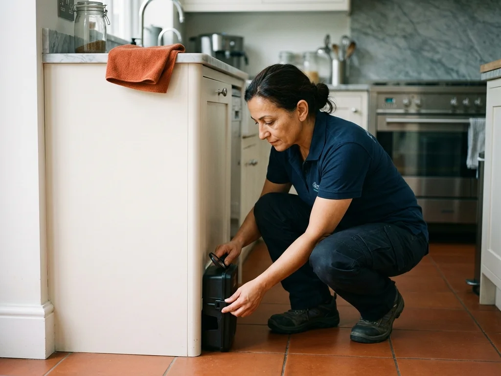 Technicien vérifiant un poste d'appâtage sécurisé pour garantir une protection durable après traitement.