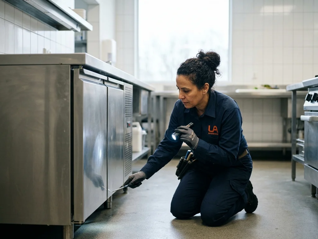 Technicienne certifiée inspectant discrètement une cuisine professionnelle pour assurer l'hygiène et la conformité de l'activité.