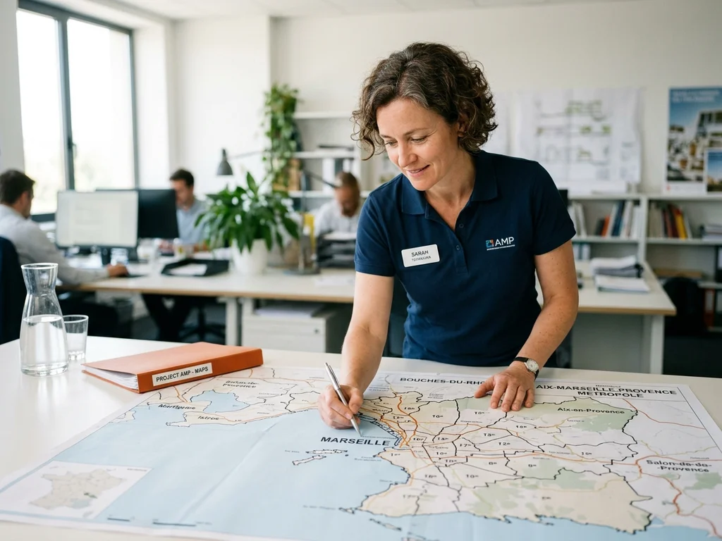 Technicienne planifiant les zones d'intervention contre les nuisibles à travers toute la métropole marseillaise.